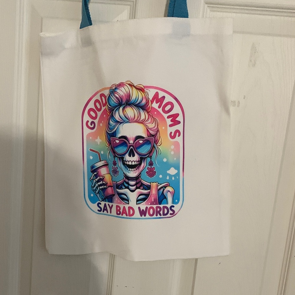 Good Moms White Tote Bag with Colorful Graphic
